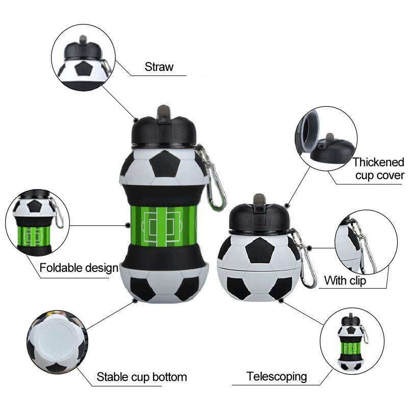 550ml Silicone Foldable Water Bottle, Football, Basketball, Tennis, Portable Kettle, Travel, Picnic, New Year, Adult, Children Z260314