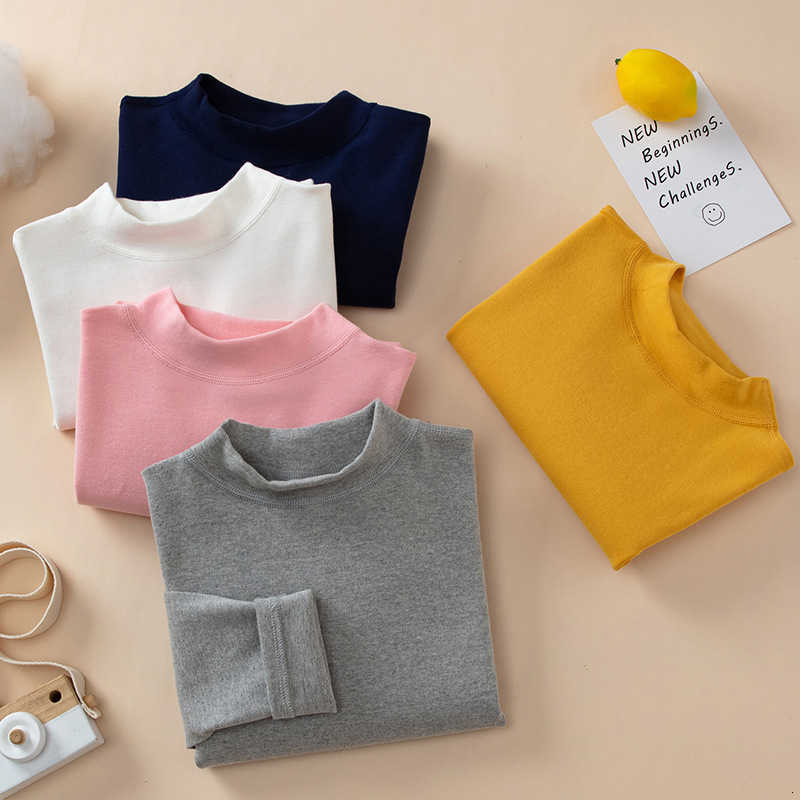 T-shirts Children's Half Turtleneck Pure Cotton Base Shirt Fleece-Lined Boys Girls Sweatshirt Thickened Warm Baby Top Inner Wear Autumn Winter