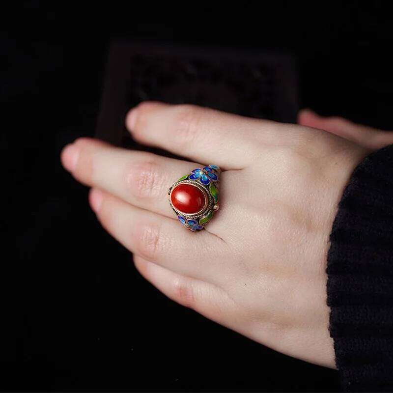 Retro Filigree Inlaid Red Burnt Blue Palace Punk Gothic Open Ring For Women Handmade Unisex Designer Jewelry Accessories H260312