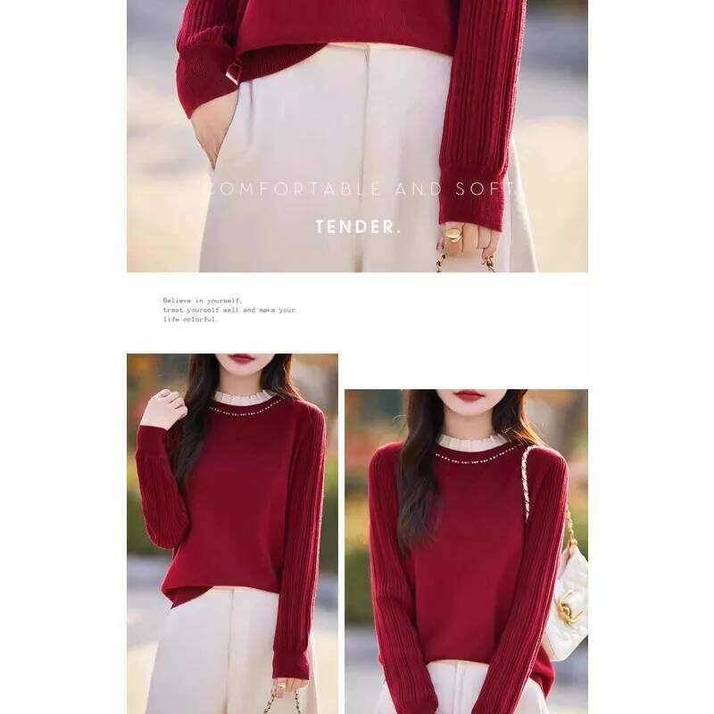 Solid Color Pullover Women's Beaded Loose Fashionable Bottoming Knitted Sweater Autumn and Winter Top Z260313