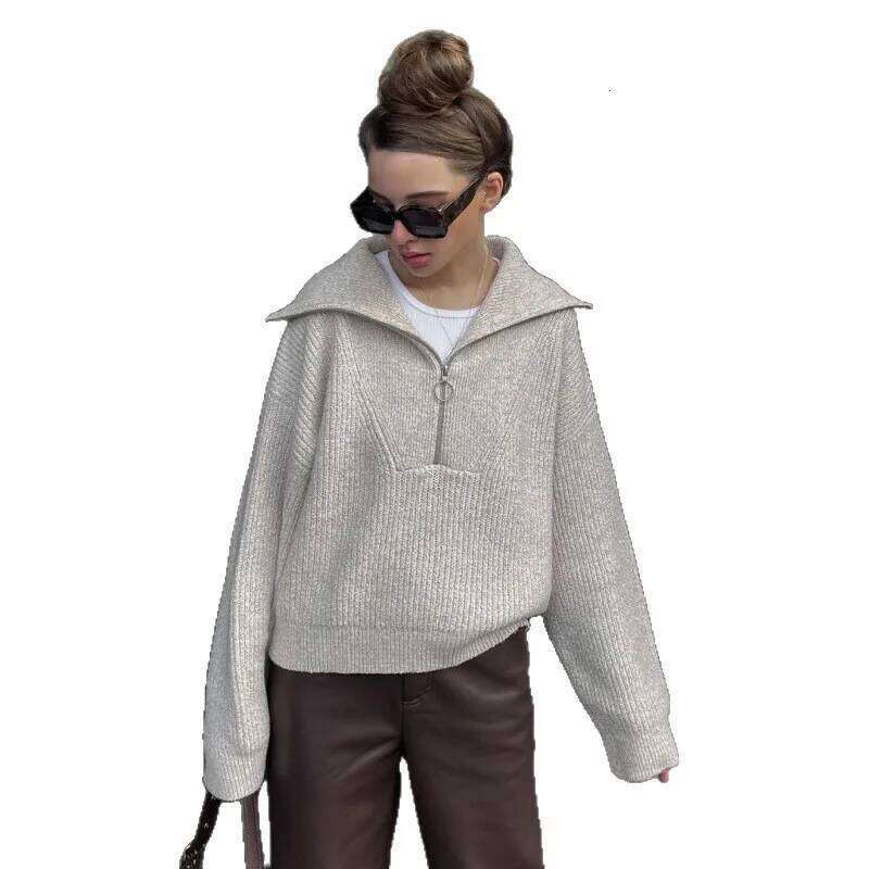 Casual Knitted Zipper Lapel Collar Long Sleeve Solid Color Pullover For Autumn Winter Women's Fashion and Versatile Sweater Z260314