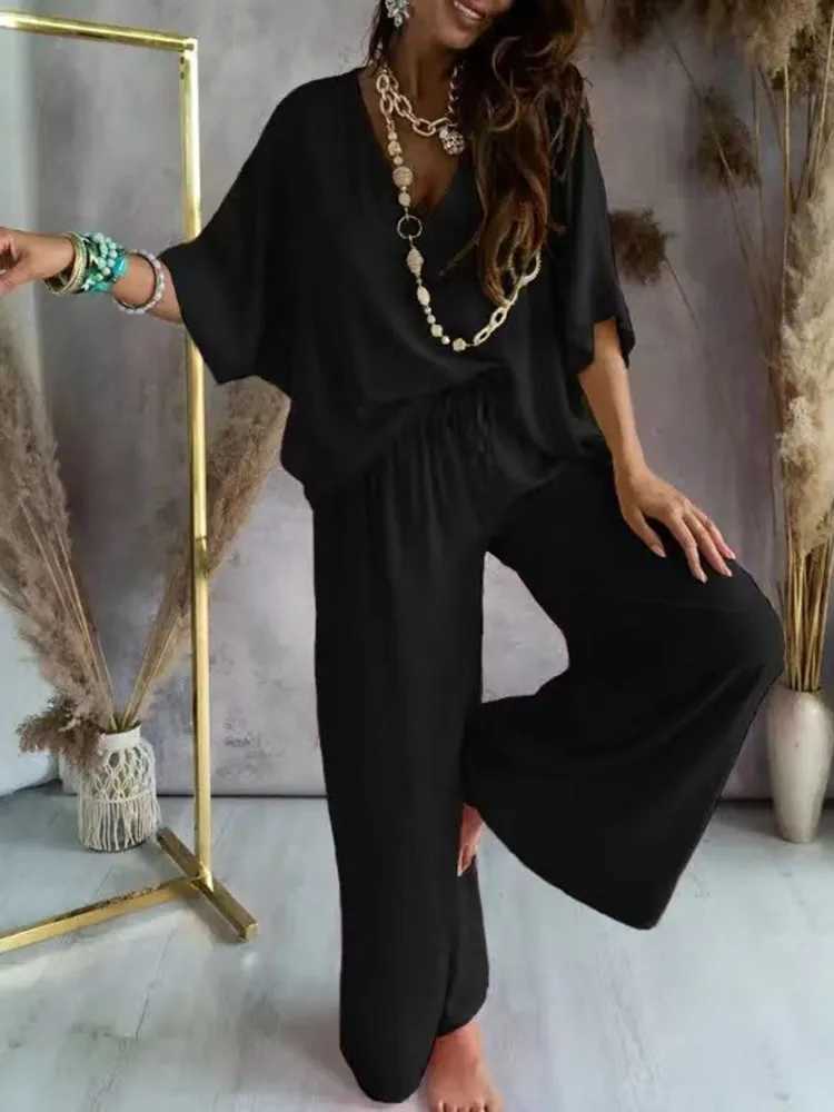 2024 Summer Two Piece Set For Women Long Pant Sets V Neck Bat Sleeve Casual Loose Wide-leg Pants 2 Piece Set Solid Color Outfits M260313