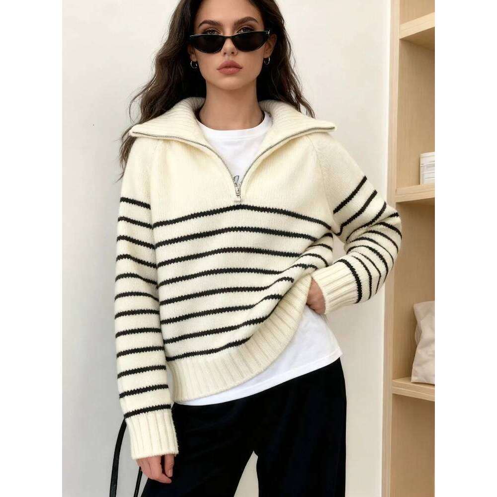 Autumn Winter New Chic Turn Down Collar Zipper Pullovers Knitted Sweater Women Casual Loose Long Sleeve Women's Sweaters Tops Z260314