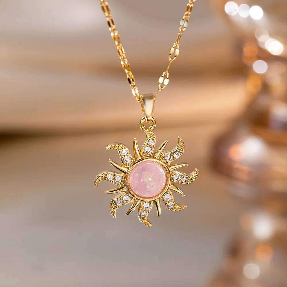 DIEYURO 316L Stainless Steel Pink Sun Flower Zircon Pendant Necklace For Women New Trend Fashion Neck Jewelry Glamorous Gift H260312