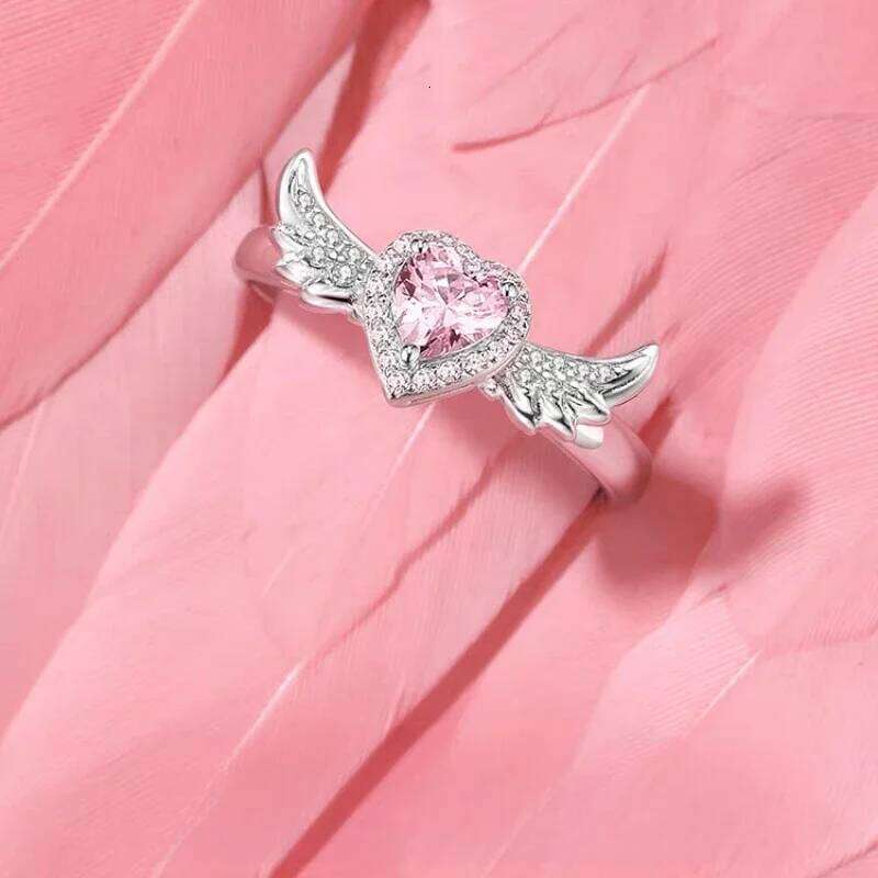 Chic Angel Wing Ring for Couple Pink Heart Cubic Zirconia Eternity Rings Romantic Forever Finger Jewelry Valentine Day Gift H260312