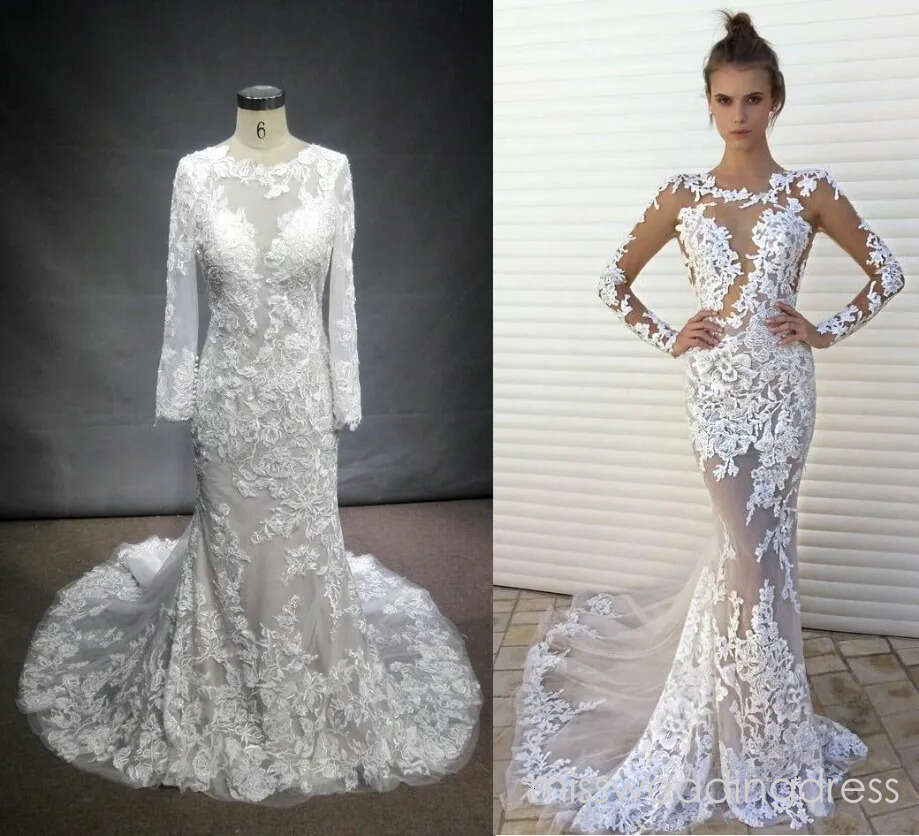 Elegant Full Lace Mermaid Wedding Dresses Jewel Neck Appliqued Tulle Illusion Long Sleeve Bridal Gowns Plus Size Bride Robes De mariee BC10767
