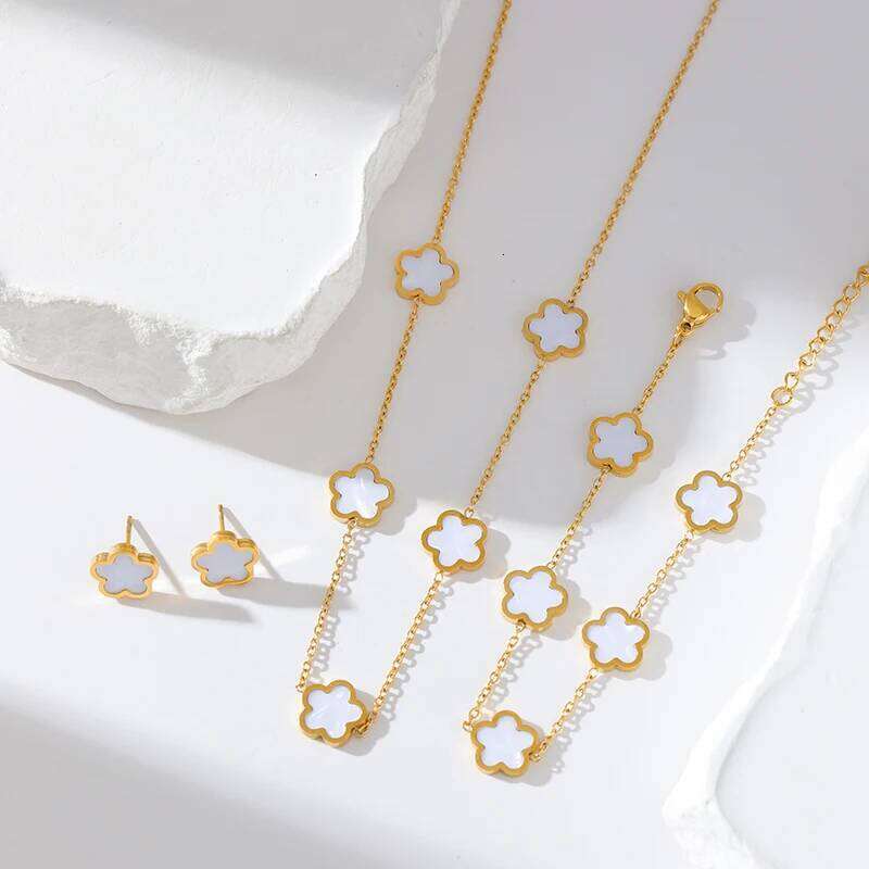 GANEMLY Stainless Steel Blue Plant Flower Necklace Earrings With Five Petals Women's Gifts Cr Jewelry H260312