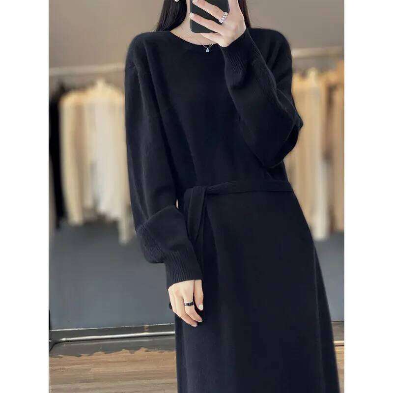 Autumn Winter Women Korean Fashion Lace-up Elegant Basic Knitted Dresses Solid O Neck Long Sleeve Loose Chic Sweater Dress Robe Z260313
