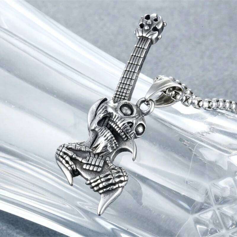Hip Hop Rock Skeleton Men Guitar Instrument Pendant Necklace Retro Punk Silver Color Stainless Steel Chain Neck Jewelry Gifts H260312