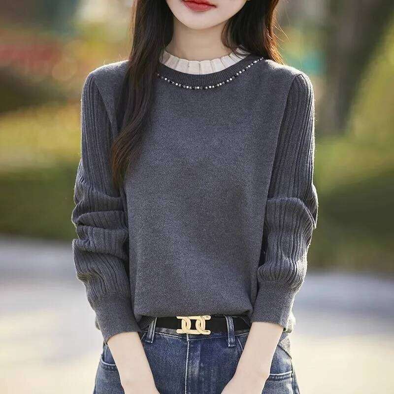 Solid Color Pullover Women's Beaded Loose Fashionable Bottoming Knitted Sweater Autumn and Winter Top Z260313