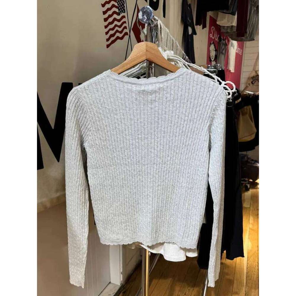 Lace Trim Twisted Cardigan Sweater Women Autumn Crew Neck Single Breasted Pocket Knitwear Sweet Casual Simple Long Sleeve Jumper Z260313
