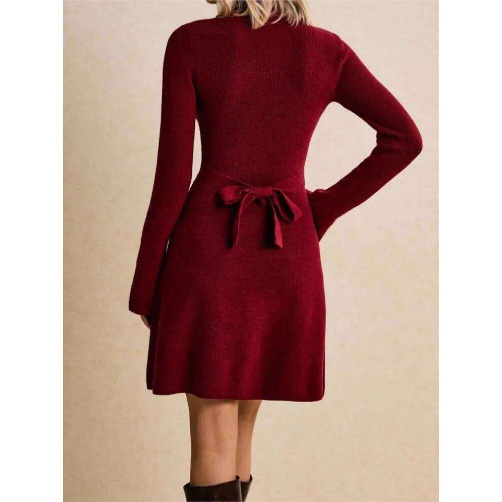 Fashion High-neck Flared Sleeve Knitted Sweater Women's Slimming Elegant Female Hip-hugging Tie One-piece Short Dress 2026 Z260313