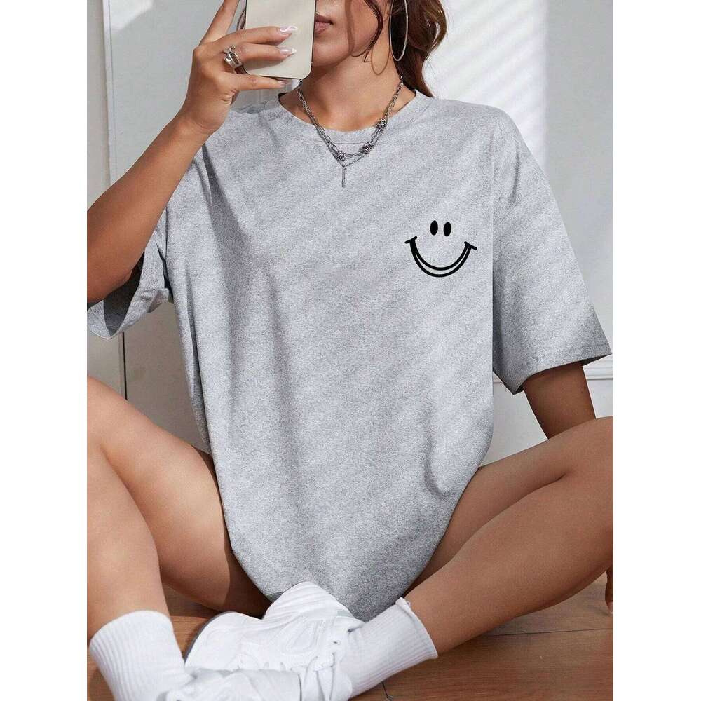 Happy Expression Printed Short Sleeve Street Hip Hop Tee Clothing All-math Breathable Tops Crewneck Women T-Shirts Z260314