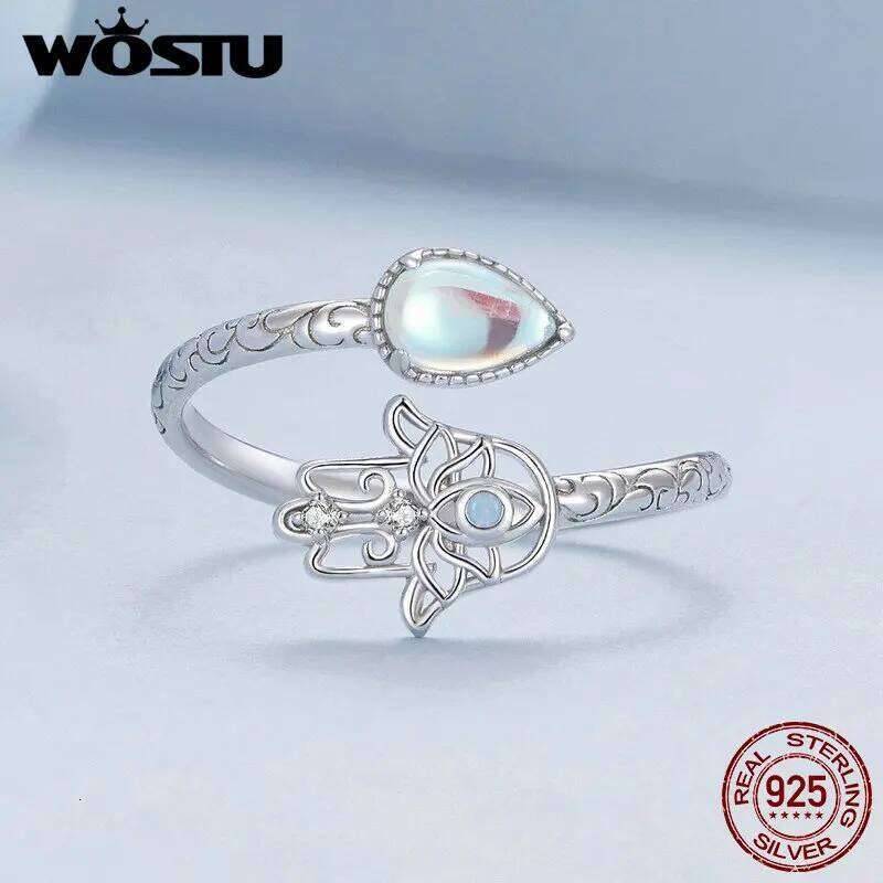WOSTU Open 925 Sterling Silver Hamsa Hand Lucky Ring with Floral Patterns and Moonstone for Women Happiness Protection Gift H260312