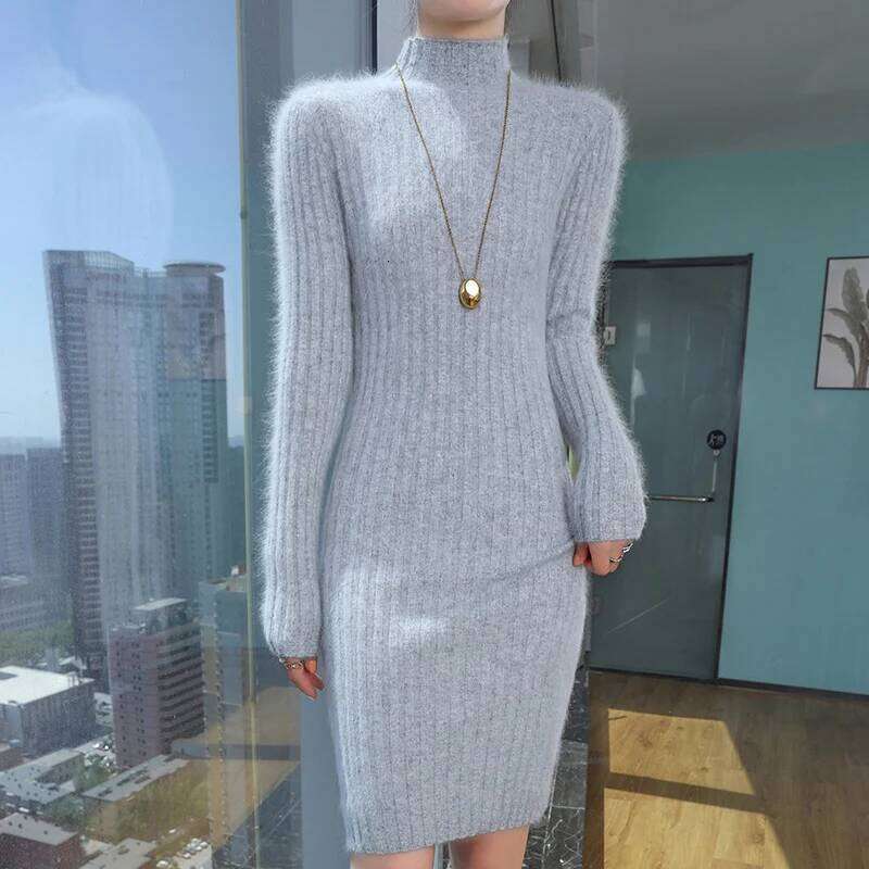 Hot selling 100% mink cashmere semi high neck dress sweater slim fit sleeved knitted women's long style pullove Z260313