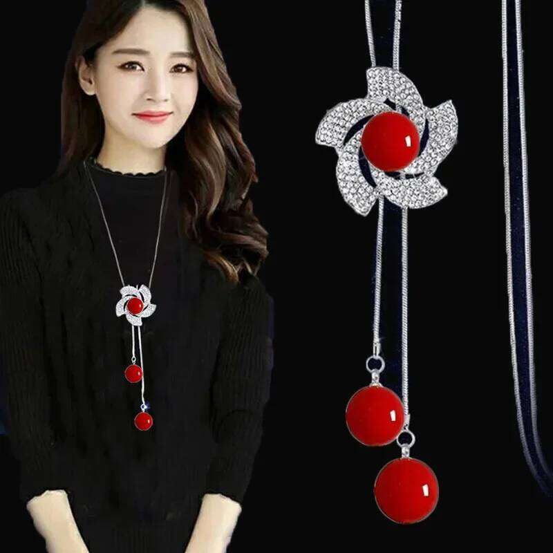 Fashion Red Pearl Flower Long Chain Sweater Necklaces & Pendants for Women Rhinestone Moon Pendant Necklace Female Jewelry H260312