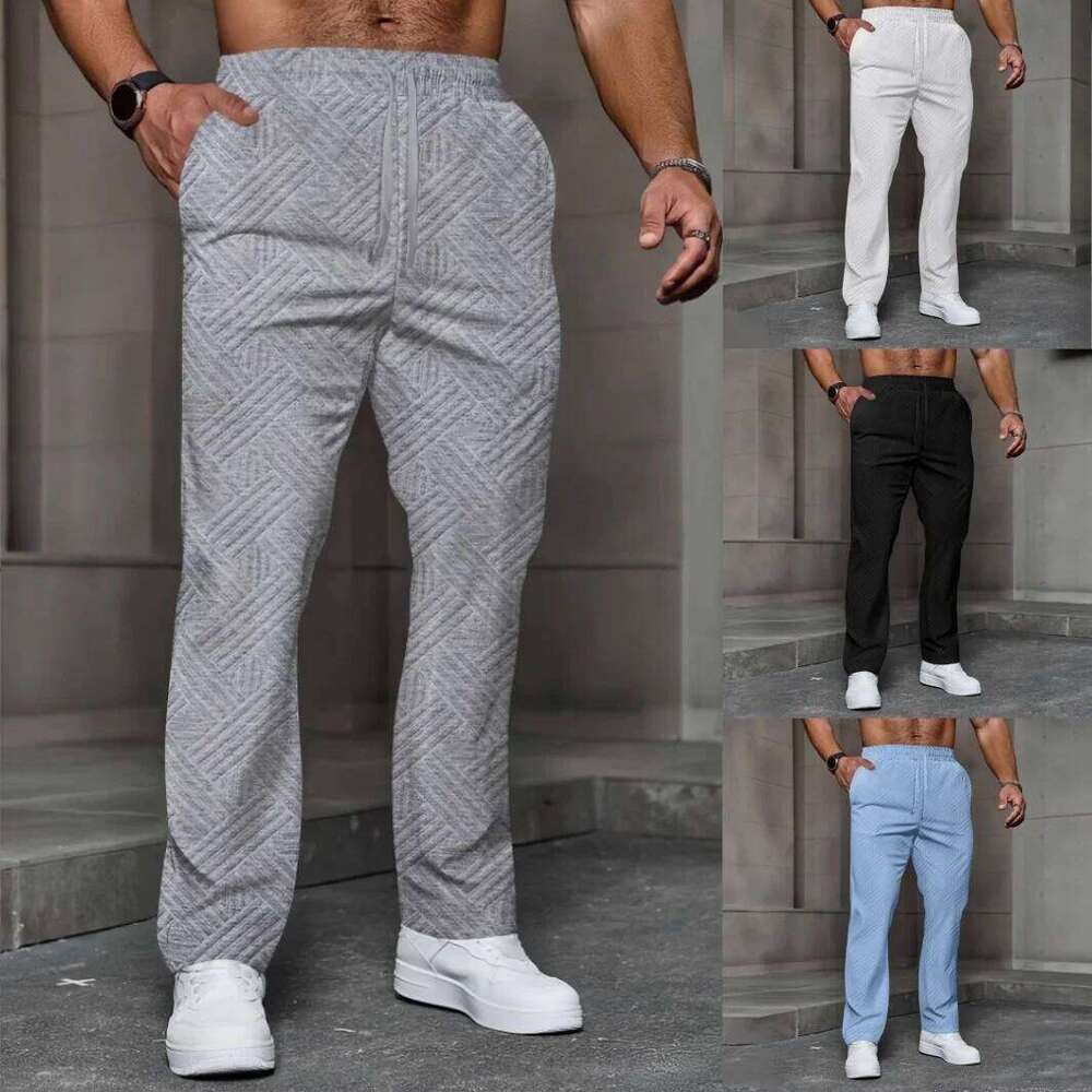 Men's sporty casual trousers, fashionable jacquard elastic waist street pants, solid-color loose all-season pants Z260315