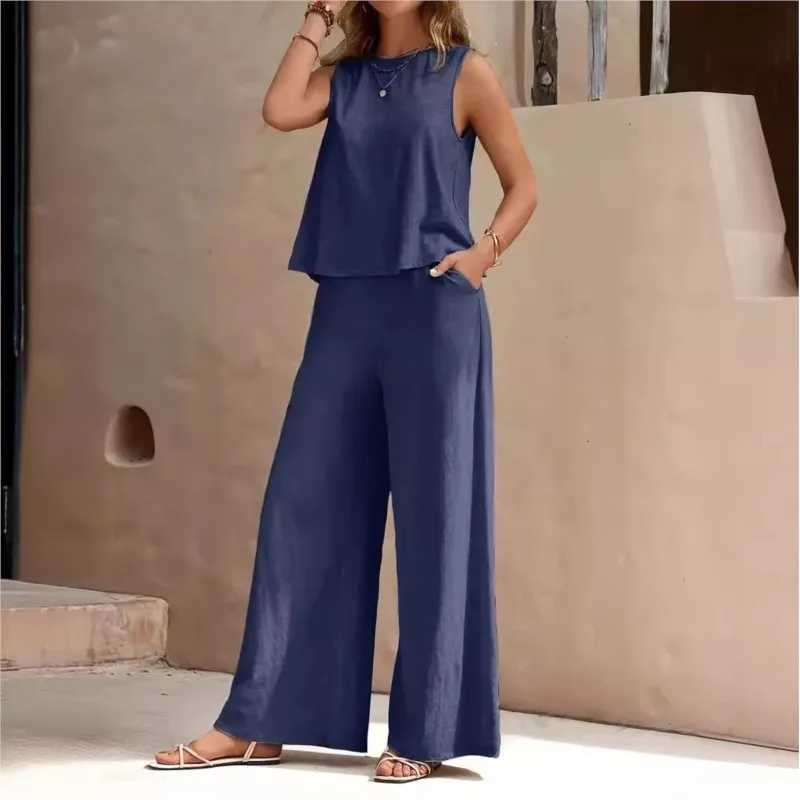 New Womens Sleeveless Vest And Trousers Two Piece Set Fashion Solid Color Two Piece Round Neck Top Pants Suit Casual Set M260313