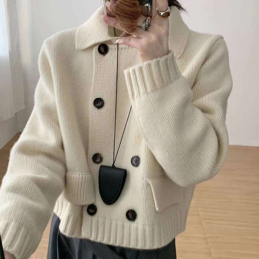 Double-Row Button Solid Color Turndown Collar Cardigan Women's Autumn Winter New Style Korean Outerwear Long Sleeve Warm Sweater Z260313