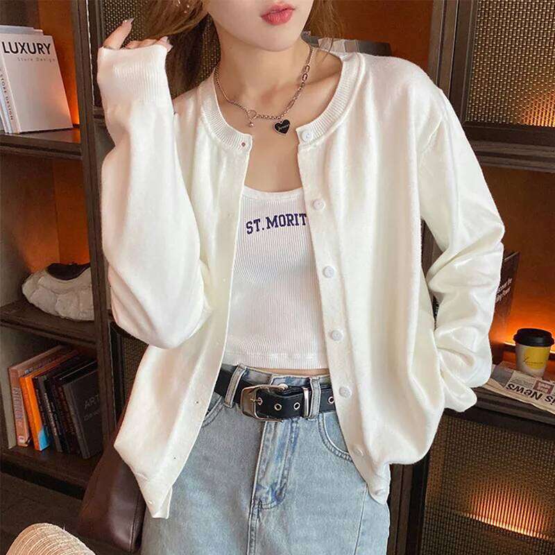 Knitwears White O-Neck Knitted Cardigans New Long Sleeve Knit Sweater Cardigan Women Tops Sueter Feminino Q822 Z260313