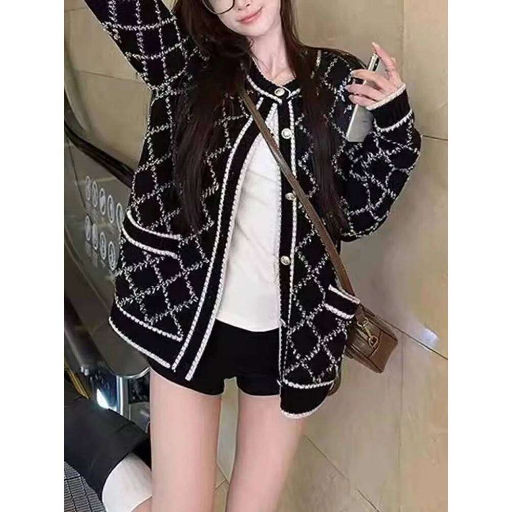 Long Sleeve Knitted Cardigan Argyle Sweater Autumn Winter Women Loose Jackets Plaid Office Coat Pockets Casual Elegant Clothes Z260314