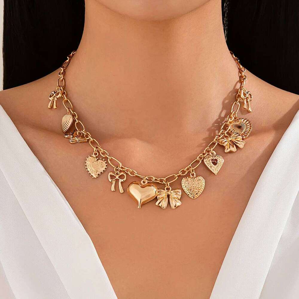 Salircon Vintage Heart Bowknot Charm Choker Necklace Trending Adjustable Clavicle Chain Women Neck Jewelry Gift H260312