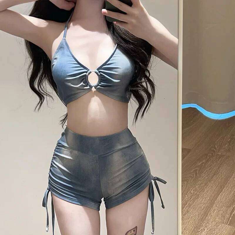 Blue Tie Dye Split Bikini Cover, Sexy Women's Hot Spring Swimsuit Three Piece Set 26H0313