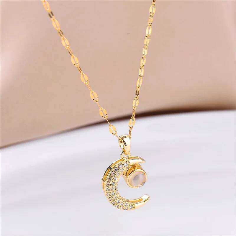 DIEYURO 316L Stainless Steel Moon Projection Pendant Necklace For Women Rhinestone Clavicle Chain Girls Jewelry Gift H260312