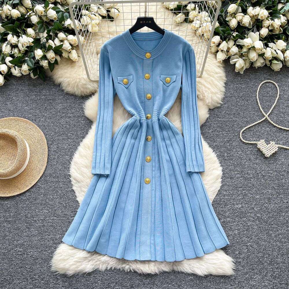 REALEFT Autumn Winter High Waist Knitted Umbrella A-line Dresses 2025 New Buttons O-neck Long Sleeve Loose Sweater Dress Female Z260313