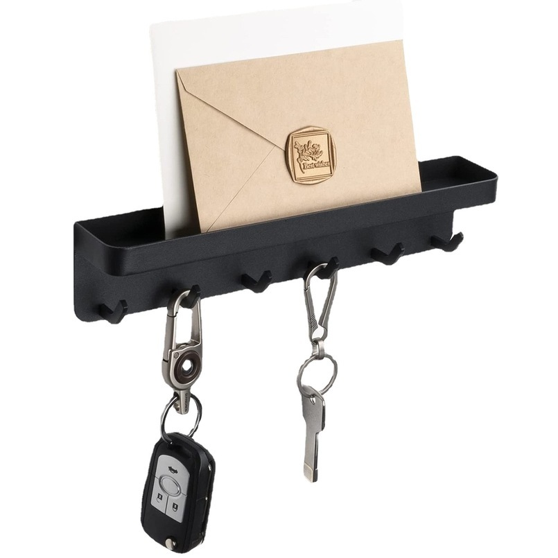 Wall Holder Self-Adhesive Key Rack Wall-Mounted Storage Bag with Door Entryway and Office Hook Black