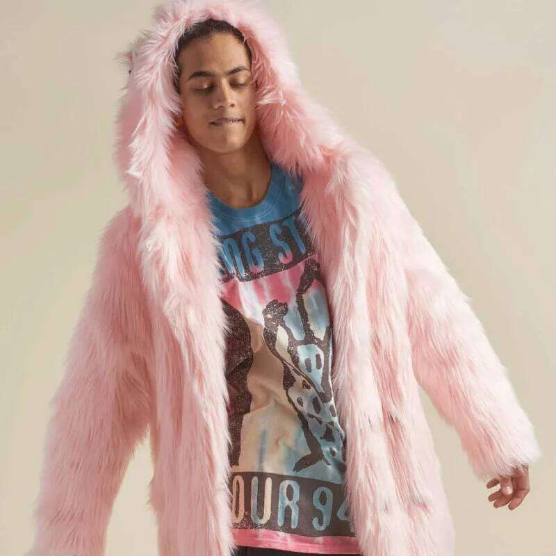 Men Faux Outerwear Solid Hooded Fur Jackets Long Sleeve Coat Loose Winter Pockets Casual 2025 Spliced Slight Strech Z260313