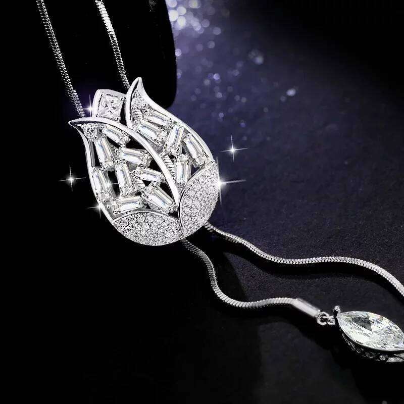 Fashion Unique Hollow Crystal Blue Shampee Tulip Pendant Sweater Silver Color Chain Long Necklace for Women H260312