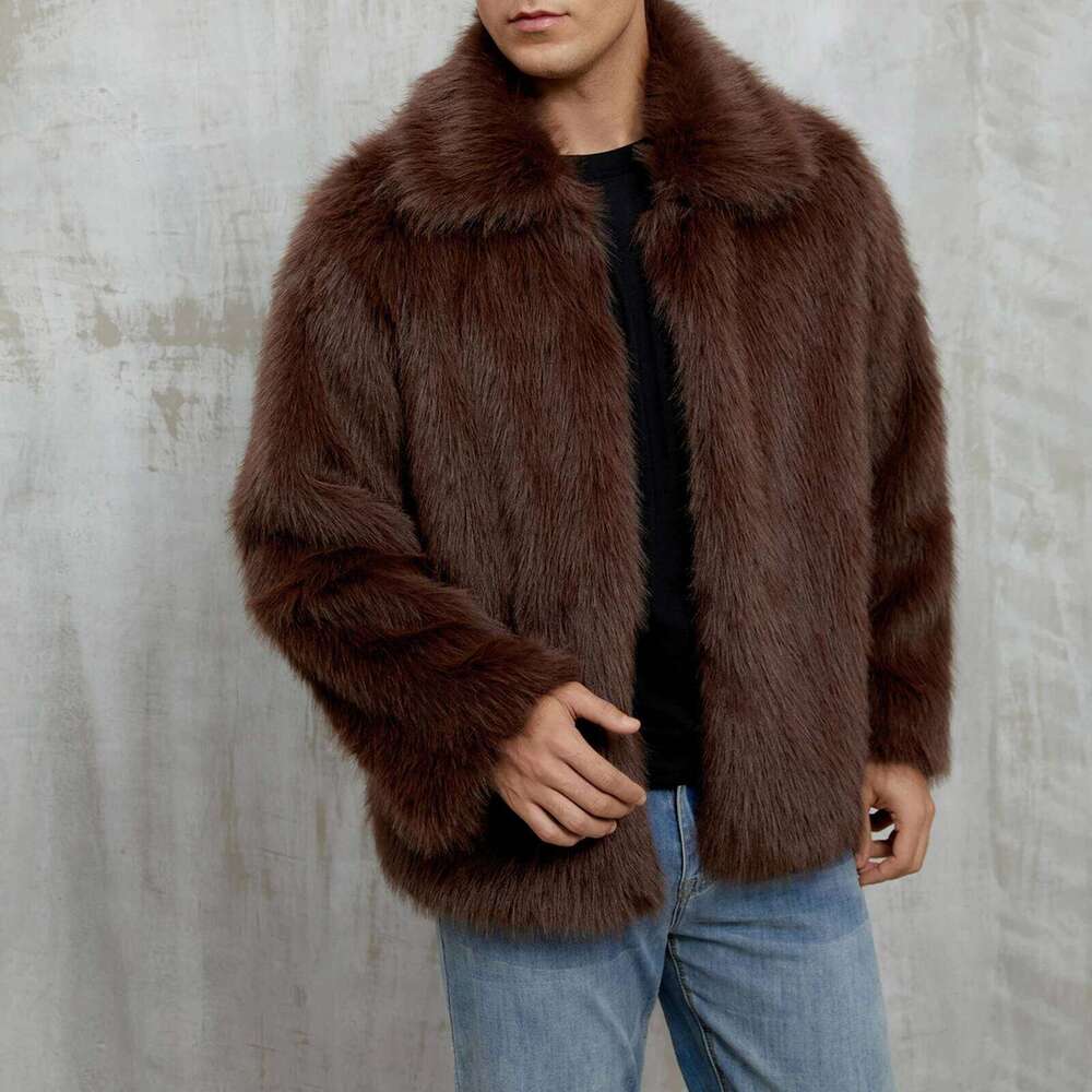 Men Faux Fur Coat Loose Solid Lapel Neck Long Sleeve Open Front Warm Furry Winter Jacket Z260313