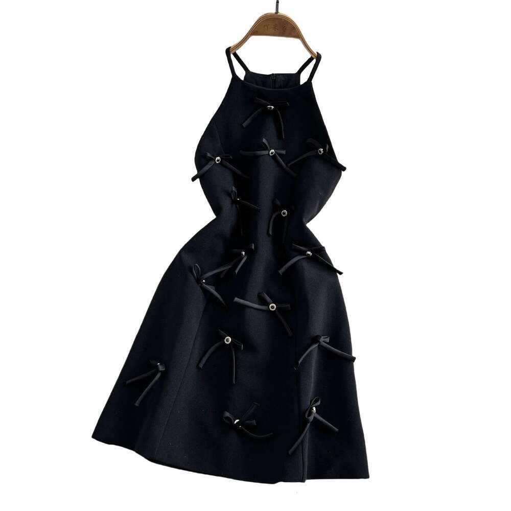 Designer European and American sweet and spicy girl backless collar summer fashion heavy bow slim fit A-line small black dress