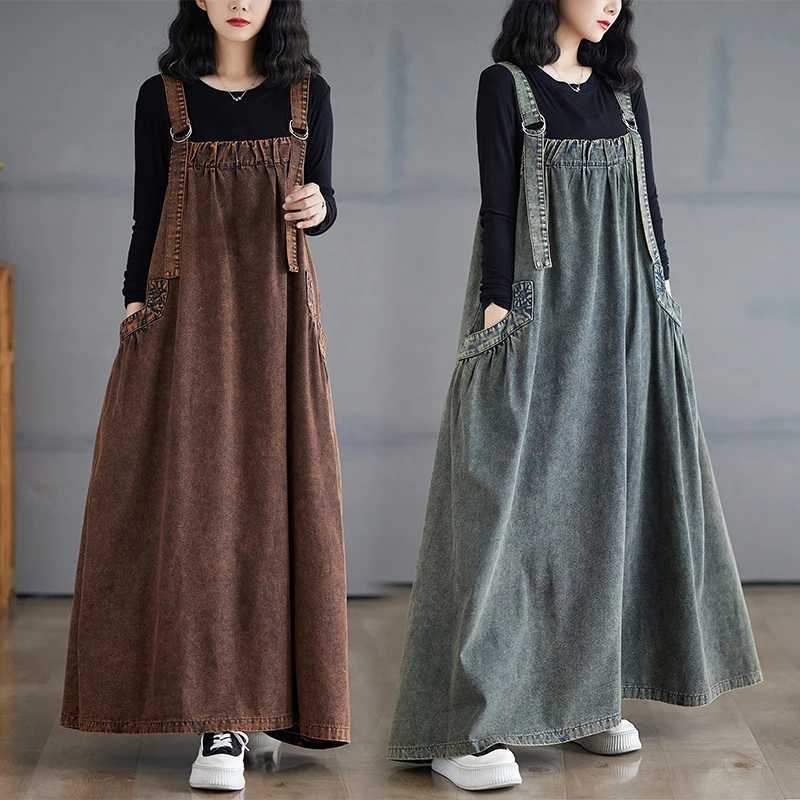 Retro Crtsmanip Loose Fit Slimming Denim Overalls Long Skirt Dr Spring Summer Autumn Winter A-Line Straight Cut GownT260314