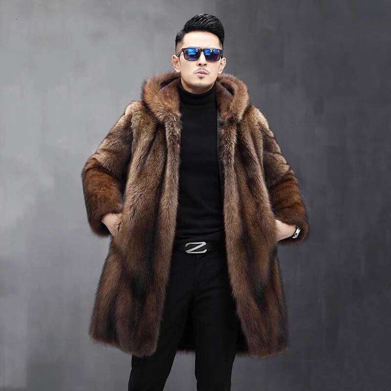 Men's long fur winter warm mink coat hooded jacket loose casual windbreaker Z260313