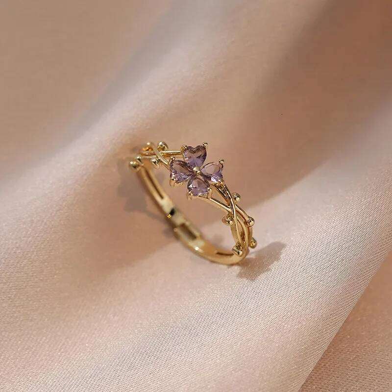 Cute Romantic Purple Four Leaf Zircon Flower Adjustable Rings for Women Gold Color Stainless Steel Jewelry Gift Anillos De Mujer H260312