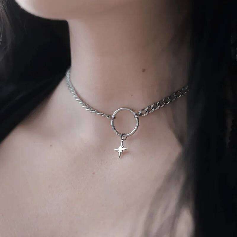 Gothic Punk Silver Color Star O-Ring Choker Necklace Stainless Steel Cuban Chain Necklaces For Women H260312