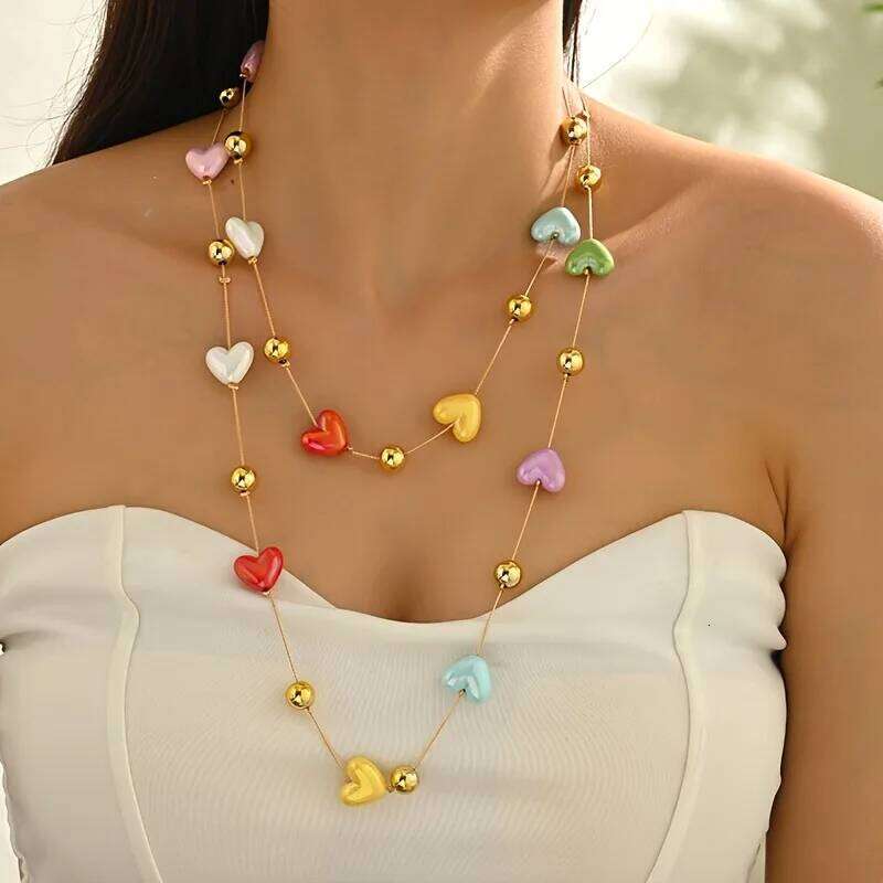 Bohemian Long Multilayer Heart Necklace for Women Colorful Candy Like Hearts with Golden Accents H260312