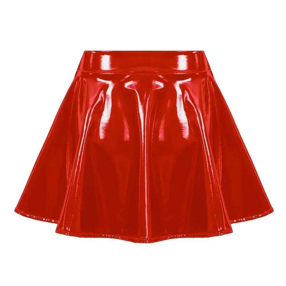Femal Glossy Short Pleated Skirts Patent Leather Oily Shiny soft Miniskirt Dance A-Line Solid Color Skirt Erotic Clubwear Z260314