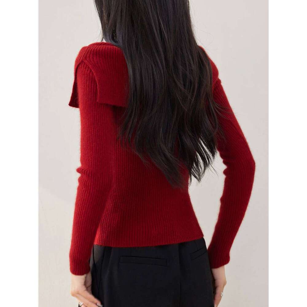 Women's Red Knit Top: Elegant Slim-Fit Long-Sleeve Sweater Versatile, Comfortable & Stylish Z260313