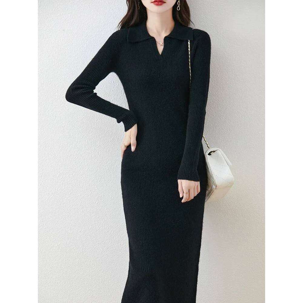 High-end 100% Pure Wool Pulllover Dress Women Slimming New Turn-down Collar Autumn Winter Knitted Inner Layer Long Skirts Z260314