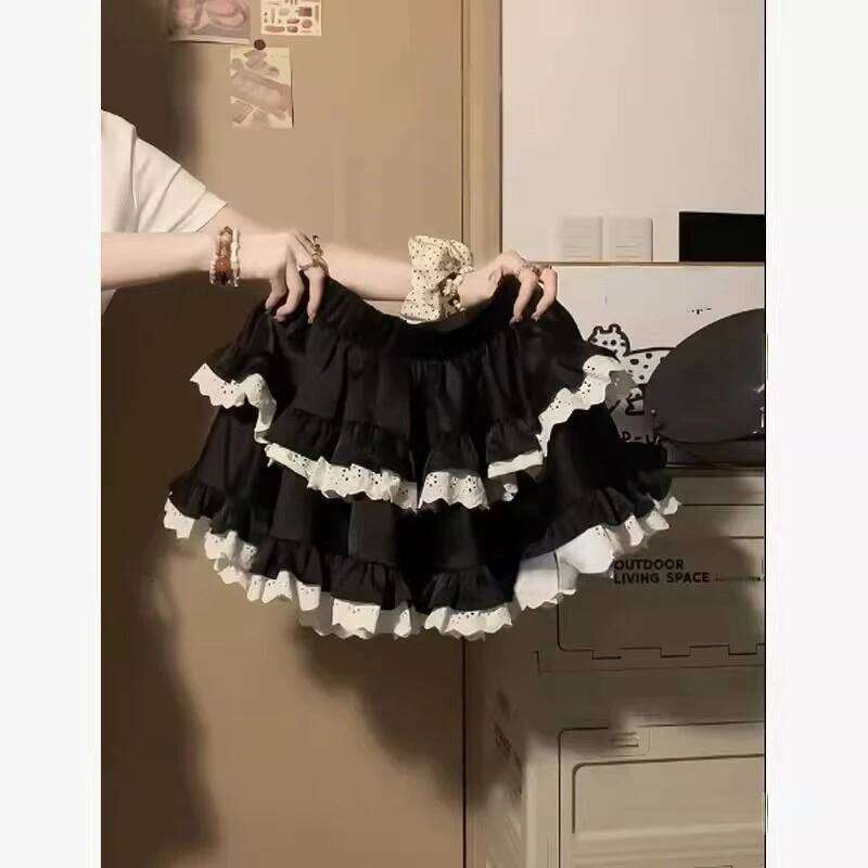 Ballet Style Lace Cake Puffy Black for Women 2025 New High Waist Loose Casual Lolita Sweet Girl A-line Mini Skirt Chic Z260314