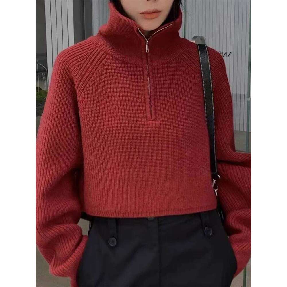 Quarter Zip Knit Sweater Cozy High Collar Long Sleeve Crop Jumper Pullover Women Teenage Girl Fall Winter Z260314