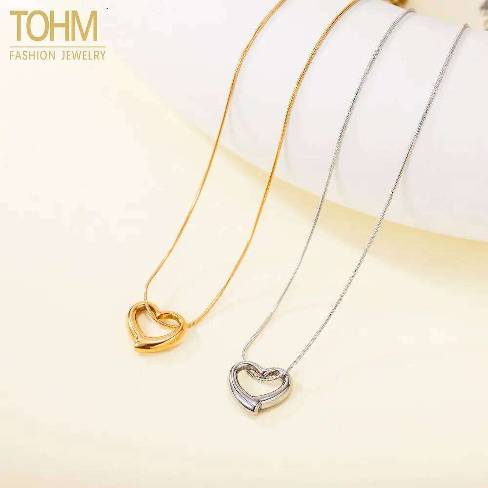 TOHM Simple Heart Shaped Hollow Pendant Necklace Stainless Steel Waterproof Women Collar Collarbone Chain Trendy Jewelry Party H260312