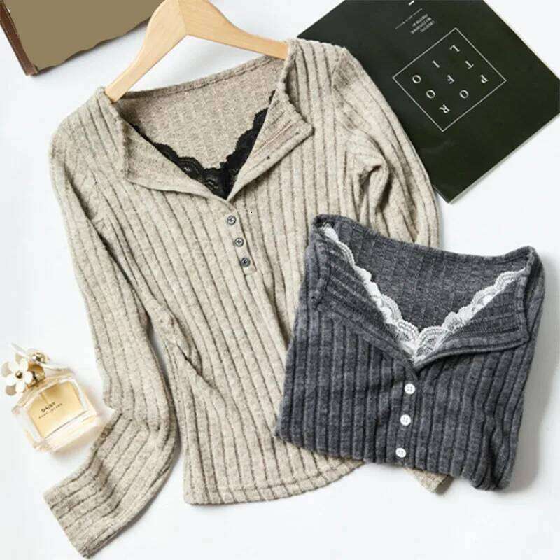 Vintage Y2K Lace Patchwork Sweater Women Korean Design Striped Knitted Jumpers Ladies Fashion Slim Elastic Bottoming Knitwear Z260313