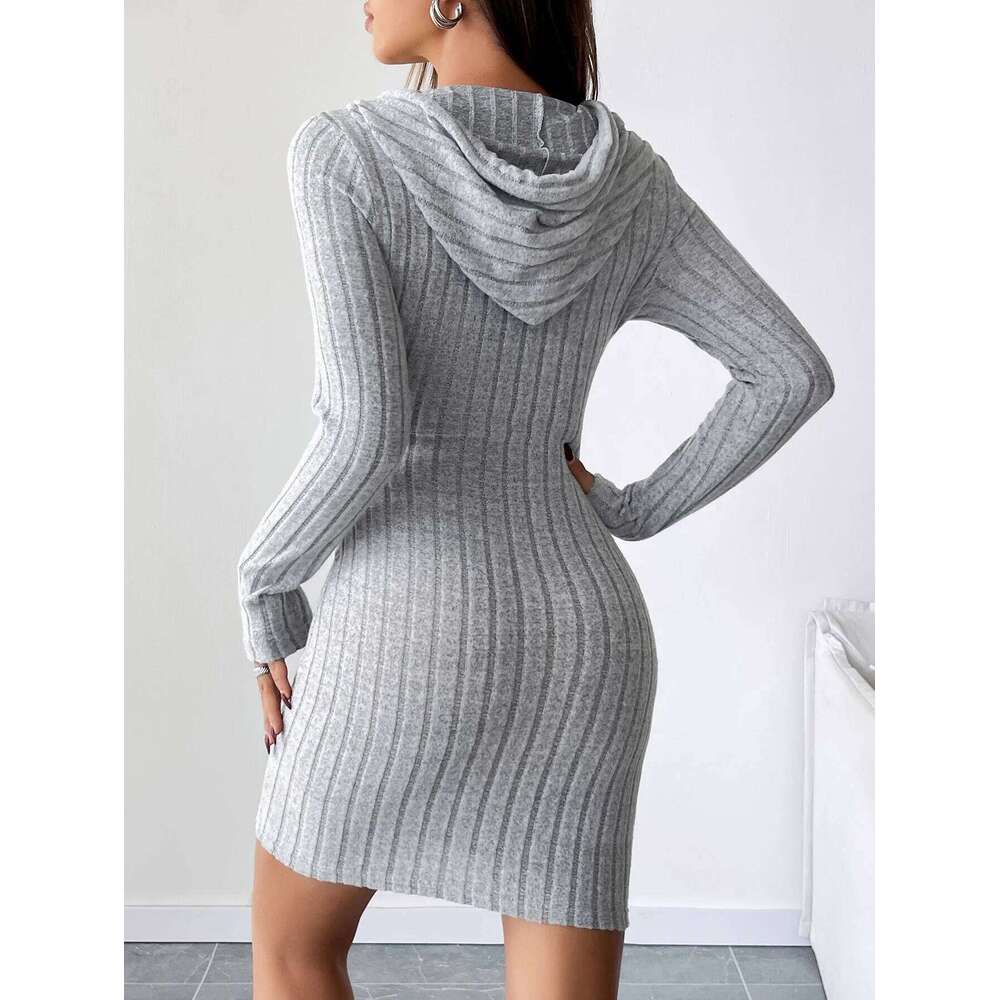 Trendy Ribbed Knitted Hooded Slim Fit Dress with Drawstring - Comfortable Casual Style for Women Z260314
