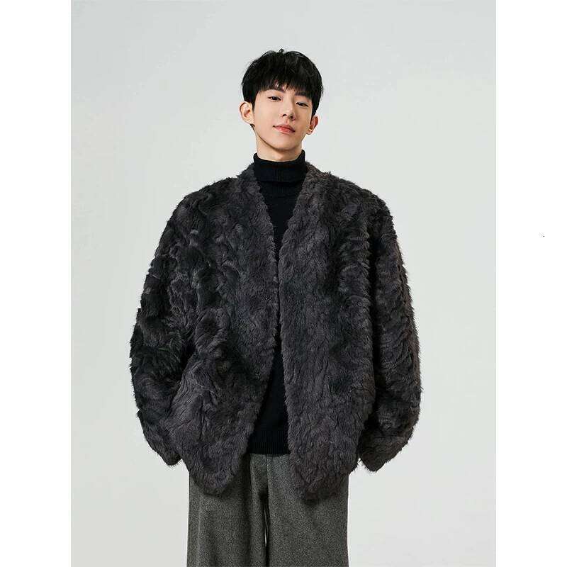 Men's Winter V Neck Fur-lined Faux Fur Coat Thickened Cotton-padded Warm Insulated Jacket Stylish Outerwear Chic Parkas Z260313