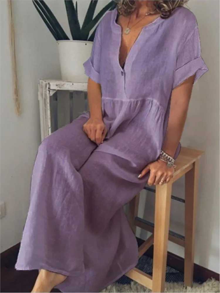 Summer Casual Loose Cotton Linen Short-sleeved Womens Dress Fashion O Neck Button White Home Wear Holiday Dress Female 2026T260314