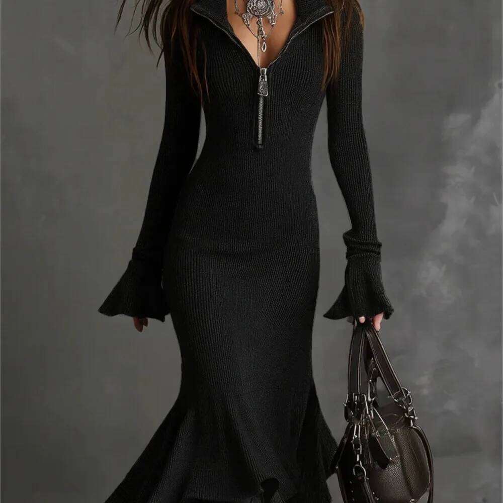 Zipper Lapel Bell Sleeves Knitted Fishtail Spring Autumn Fashion Elegant Solid Color Long-sleeved Long Dress Ropa Mujer Z260313